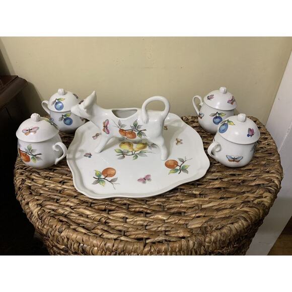Tea Set Butterfly And Fruits With Cow Cream/ Milk Holder Fairy Cottage Farm Home - Picture 1 of 5